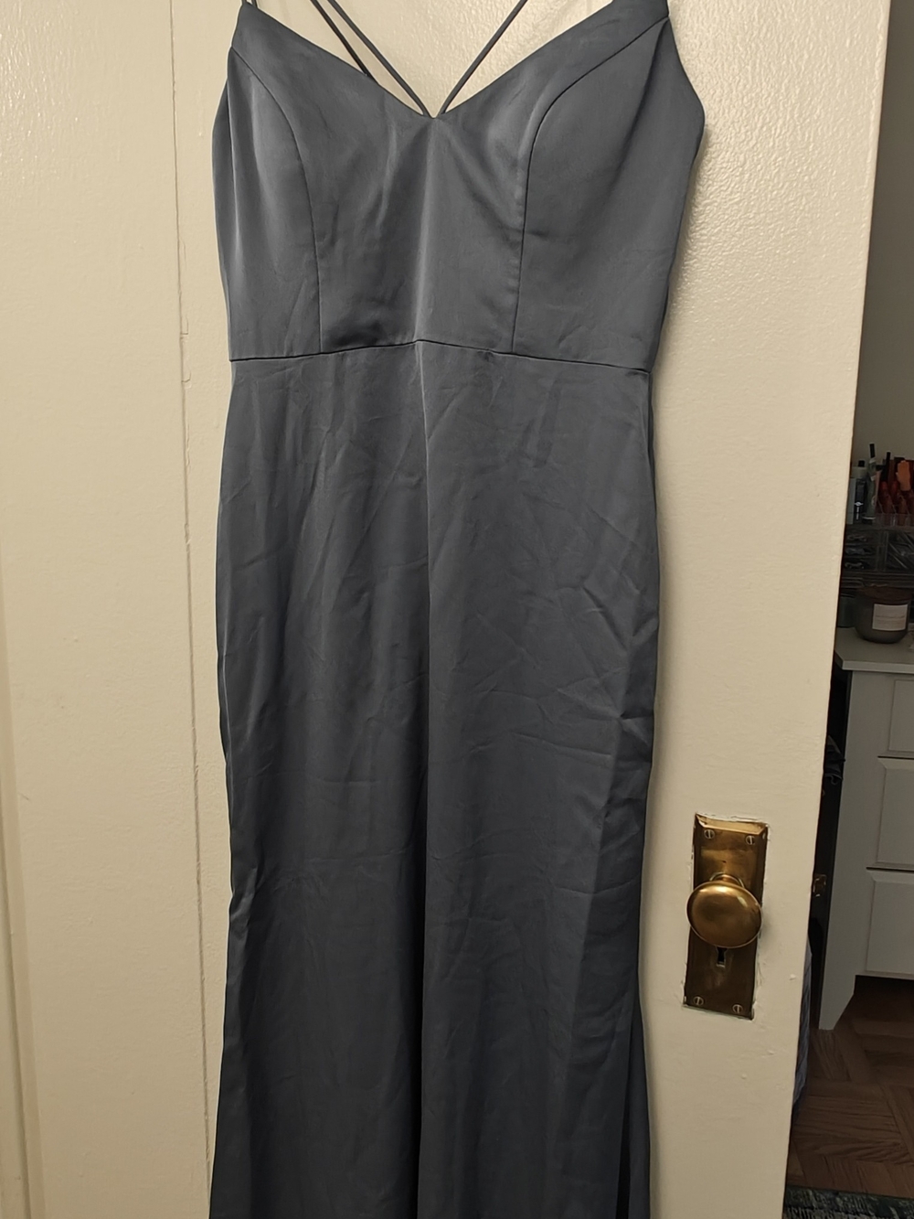 Haley Paige Bridesmaid dress. Elegant Steel blue Spaghetti-Strap Evening Dress